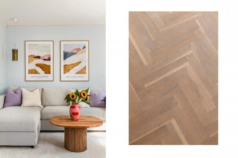 - Det er lagt pen fiskebensparkett på gulv -